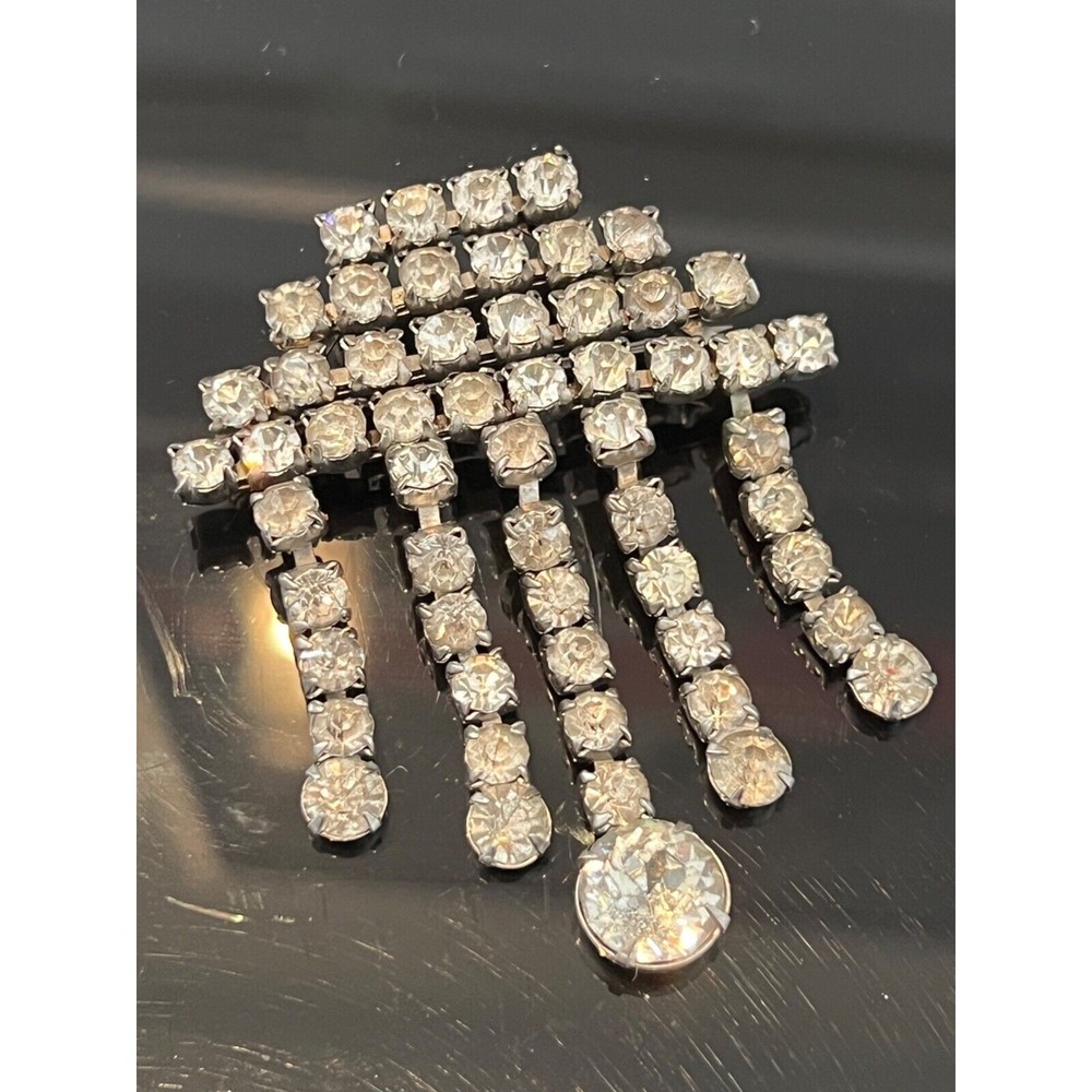 Art Deco Brooch Cascade Clear Rhinestones C clasp Sparkly